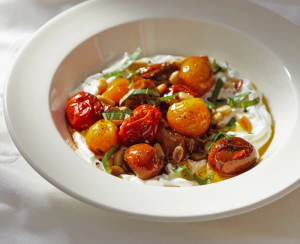 savory yogurt bowl with roasted tomatoes