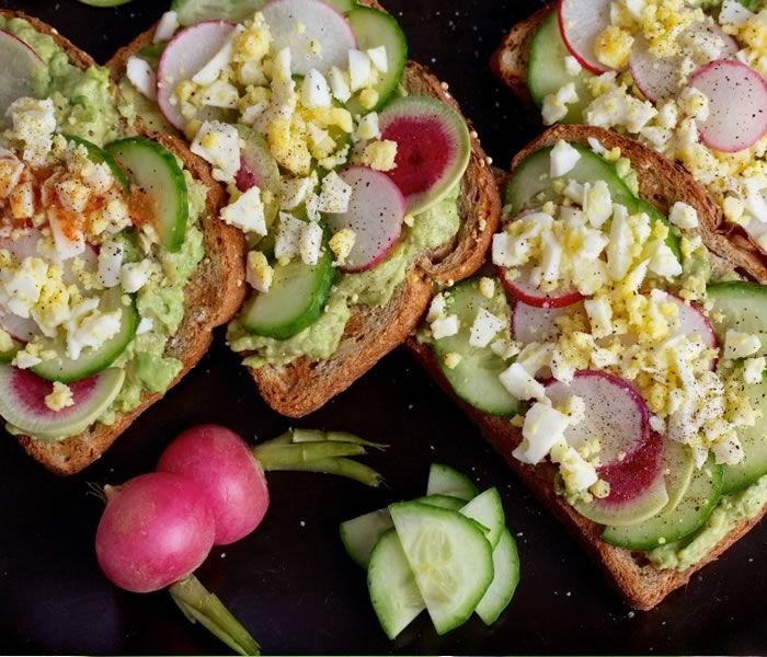 Avocado Toast with Egg, Cucumber and Radish