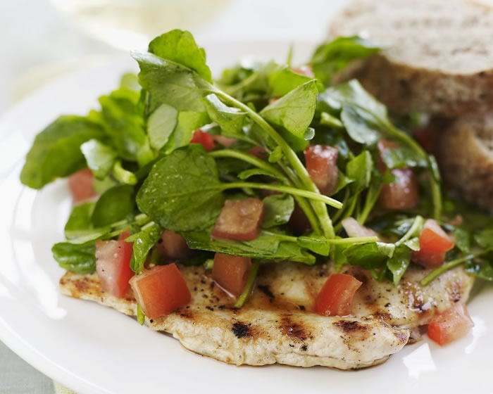 Chicken Paillard with Watercress and Tomato Salad