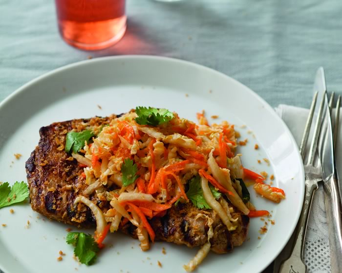 Pork Cutlets with Napa Slaw and Crispy Bread Crumbs