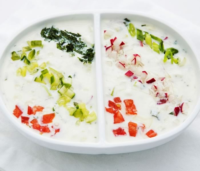Yogurt Soup with Summer Vegetables, Herbs and Feta