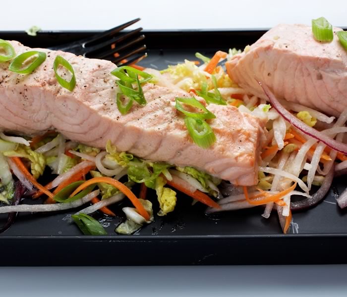 Green Tea-Poached Salmon With Napa Cabbage Slaw