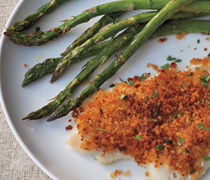 Sole with Savory Bread Crumb Topping and Roasted Asparagus