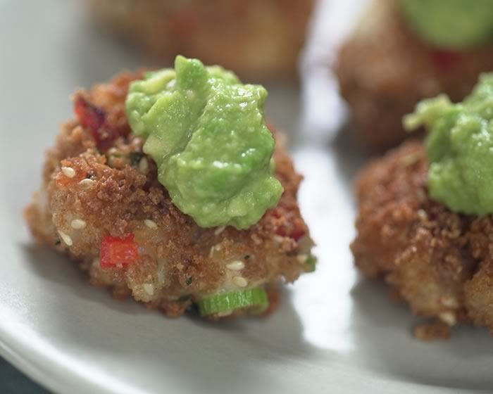 Ginger-Sesame Shrimp Cakes with Avocado Wasabi Sauce