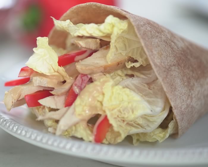 Chicken Wrap with Napa Cabbage and Creamy Soy-Sesame Dressing