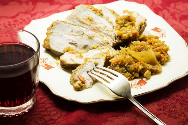 herb rubbed pork chops with warm broccoli slaw