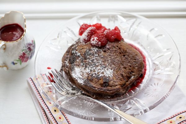 double chocolate pancakes with raspberry sauce
