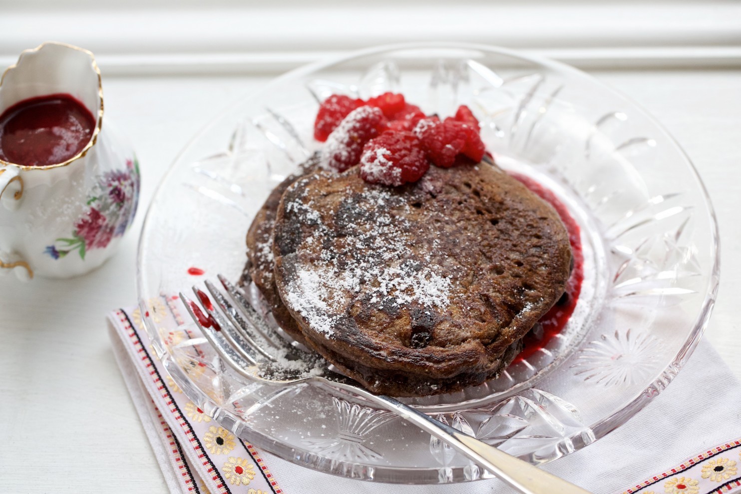 Double Chocolate Pancakes with Raspberry Sauce