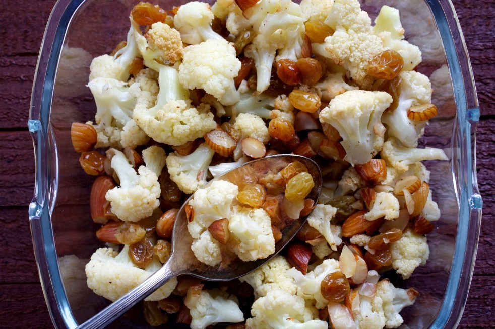Roasted Cauliflower with Almonds and Golden Raisins