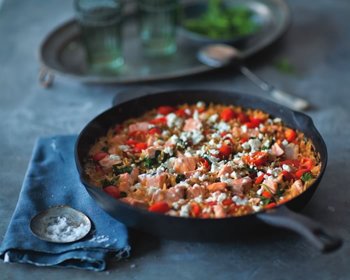 Herbed Salmon and Orzo Casserole with Feta