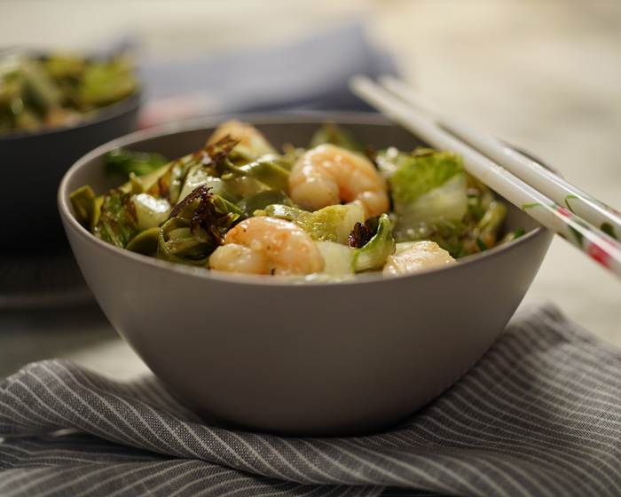 Wok Charred Lettuce and Noodle Stir Fry with Shrimp