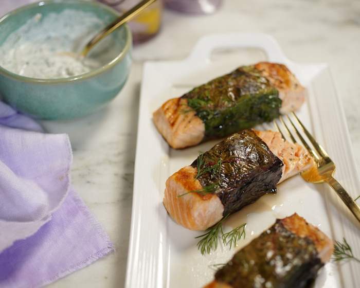 Salmon Wrapped in Greens with Walnut-Yogurt-Dill Sauce