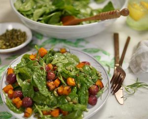 Spinach Salad with Roasted Squash, Roasted Grapes and Pumpkin Seeds