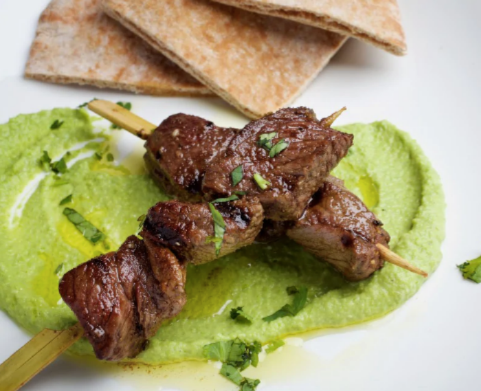 Pea Hummus With Grilled Marinated Lamb
