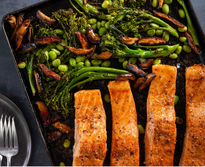 Roasted Salmon with Ginger-Soy Broccolini, Mushrooms, and Edamame