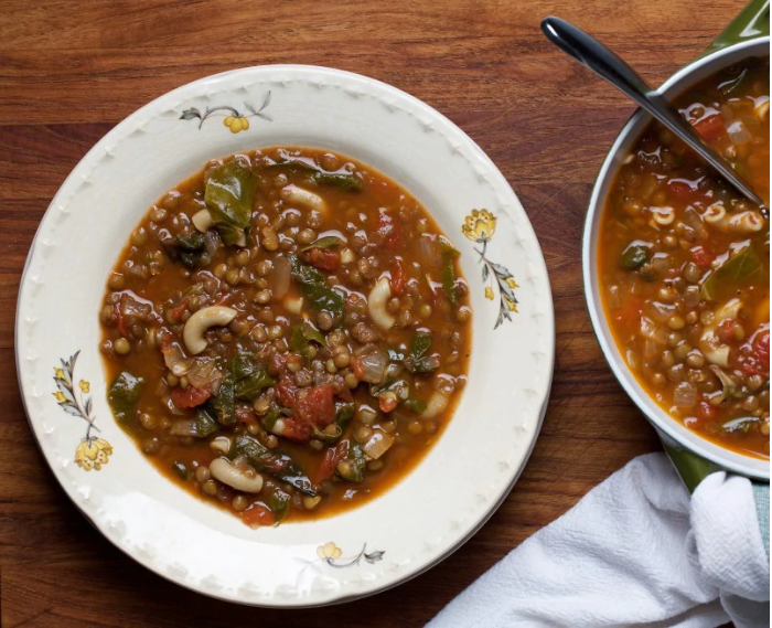 Lentil and Macaroni Soup With Swiss Chard