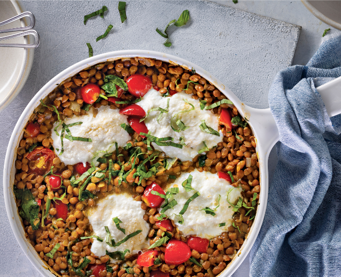 Herbed Lentil Skillet with Spinach, Tomatoes, and Ricotta