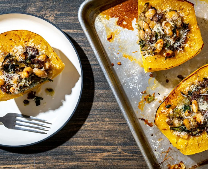 Spaghetti Squash Stuffed With Escarole, White Beans and Turkey Sausage