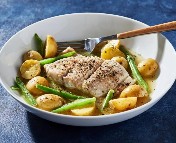 Roasted Fish With Potatoes and Green Beans in Pesto Broth