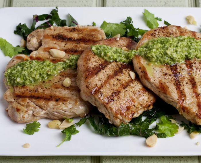 Grilled Pork Cutlets With Cilantro Peanut Pesto