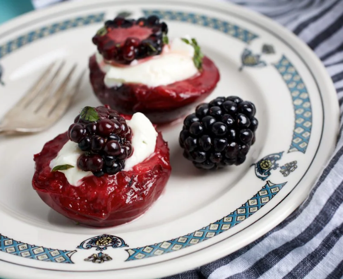 Grilled Plums with Goat Cheese and Honey-Lime Drizzle