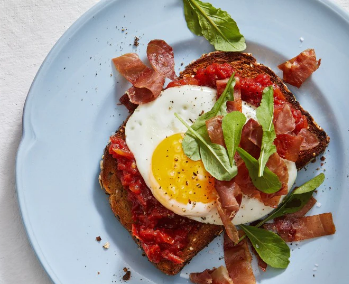 Savory Tomato Jam, Egg and Crispy Prosciutto Toasts