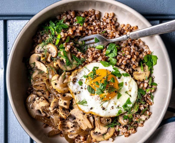 Kasha Grain Bowl With Mushrooms, Onion and Egg