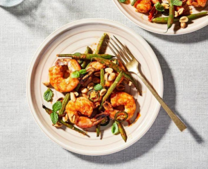 Thai-Seasoned Roasted Shrimp With Green Beans, Chile, Peanuts and Herbs