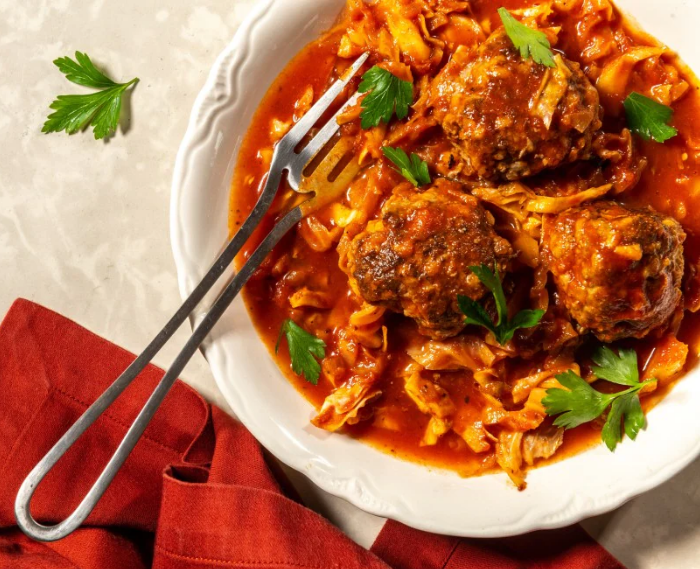 Un-Stuffed Cabbage Meatballs in Sweet-and-Sour Tomato Sauce