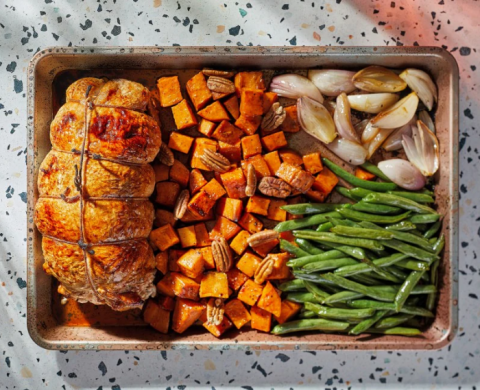 Sheet Pan Turkey Breast Roulade With Sweet Potatoes, Green Beans and Shallots - Ellie Krieger