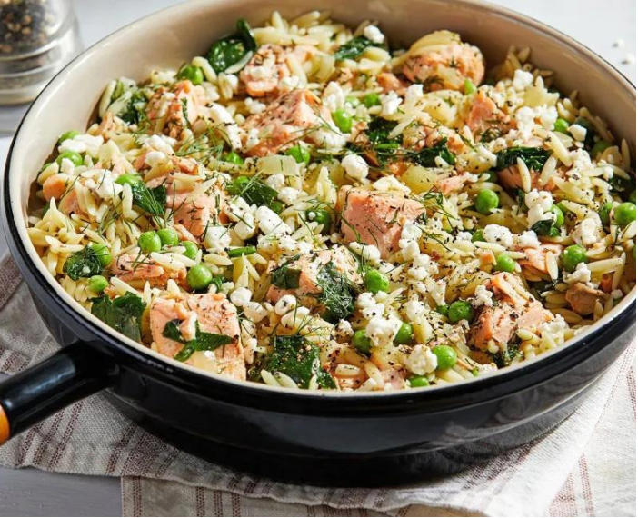 Orzo Skillet With Salmon, Peas, Dill and Feta