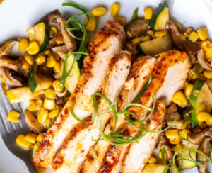 Gochugaru Chicken With Corn, Mushrooms and Zucchini