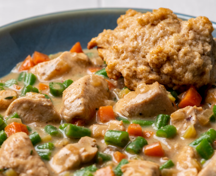 Creamy Chicken and Vegetables With Whole-Wheat Drop Biscuits