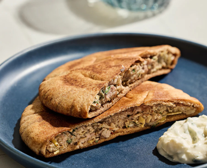 Lamb and Artichoke Arayes With Yogurt-Feta Dip