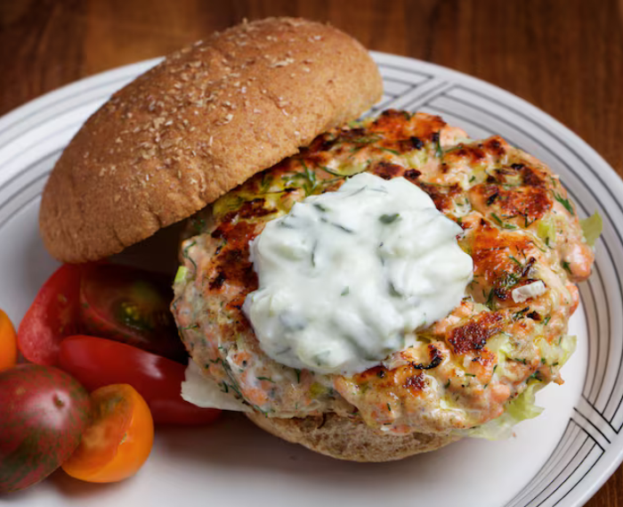 Salmon Burgers with Tzatziki